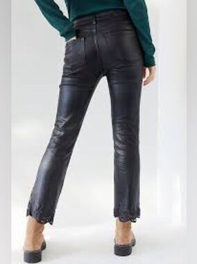 PAIGE Black Cropped Leather-Look Jeans with Scalloped Embroidered Hem
